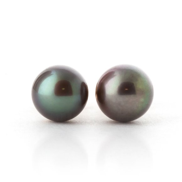 14K GOLD STUD EARRINGS WITH NATURAL BLACK PEARL - Picture 2 of 8